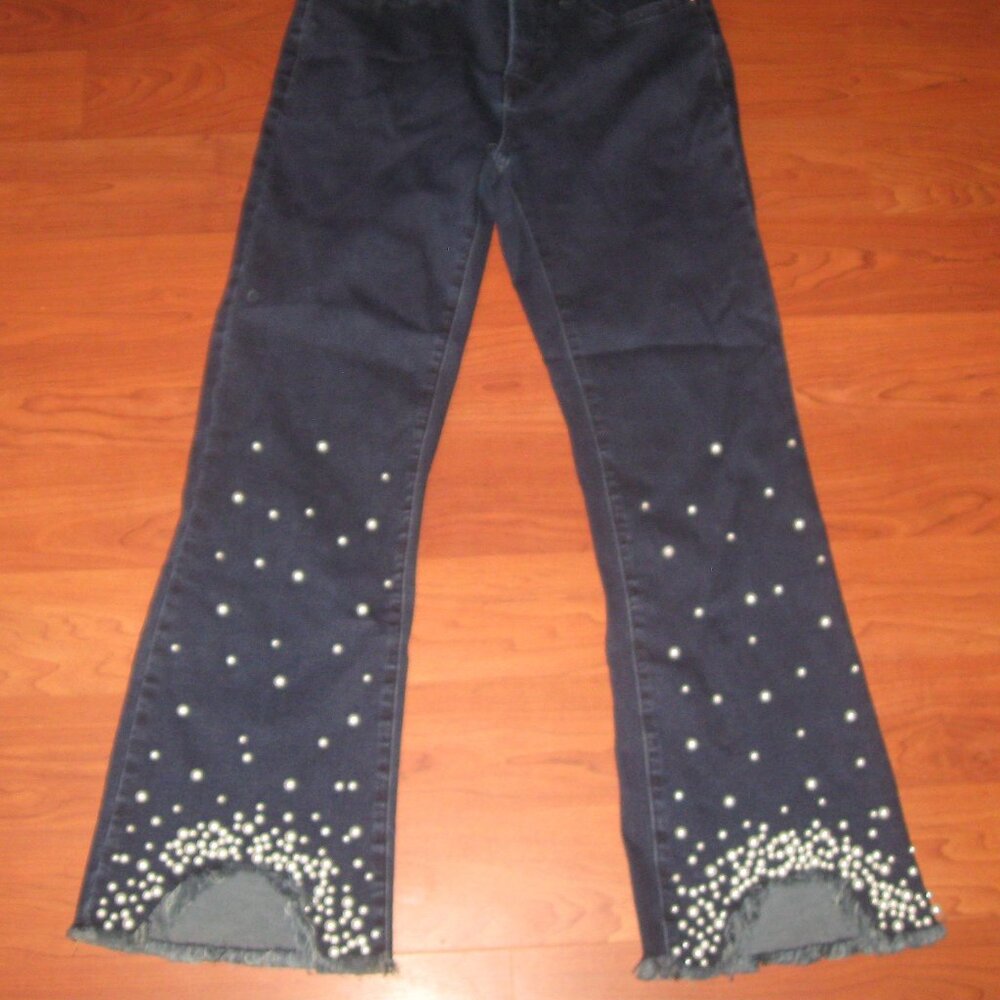 WOMEN WITH CONTROL Pearl Beaded Kick Crop Denim Jeans 2 Chewed Fringe Hem Ankle